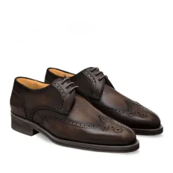 Skórzane męskie buty sznurowane, model derby full brogue kawowy