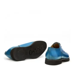 Sznurowane buty męskie ze skóry cielęcej postarzanej model Oxford niebieski