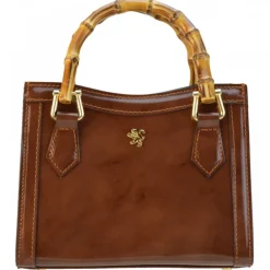 Torebka skórzana z uchwytem bambusowym